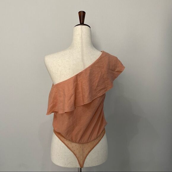 FREE People Womens Bodysuit Orange Mesh Lined Stretch One Shoulder Size Small - Picture 5 of 7